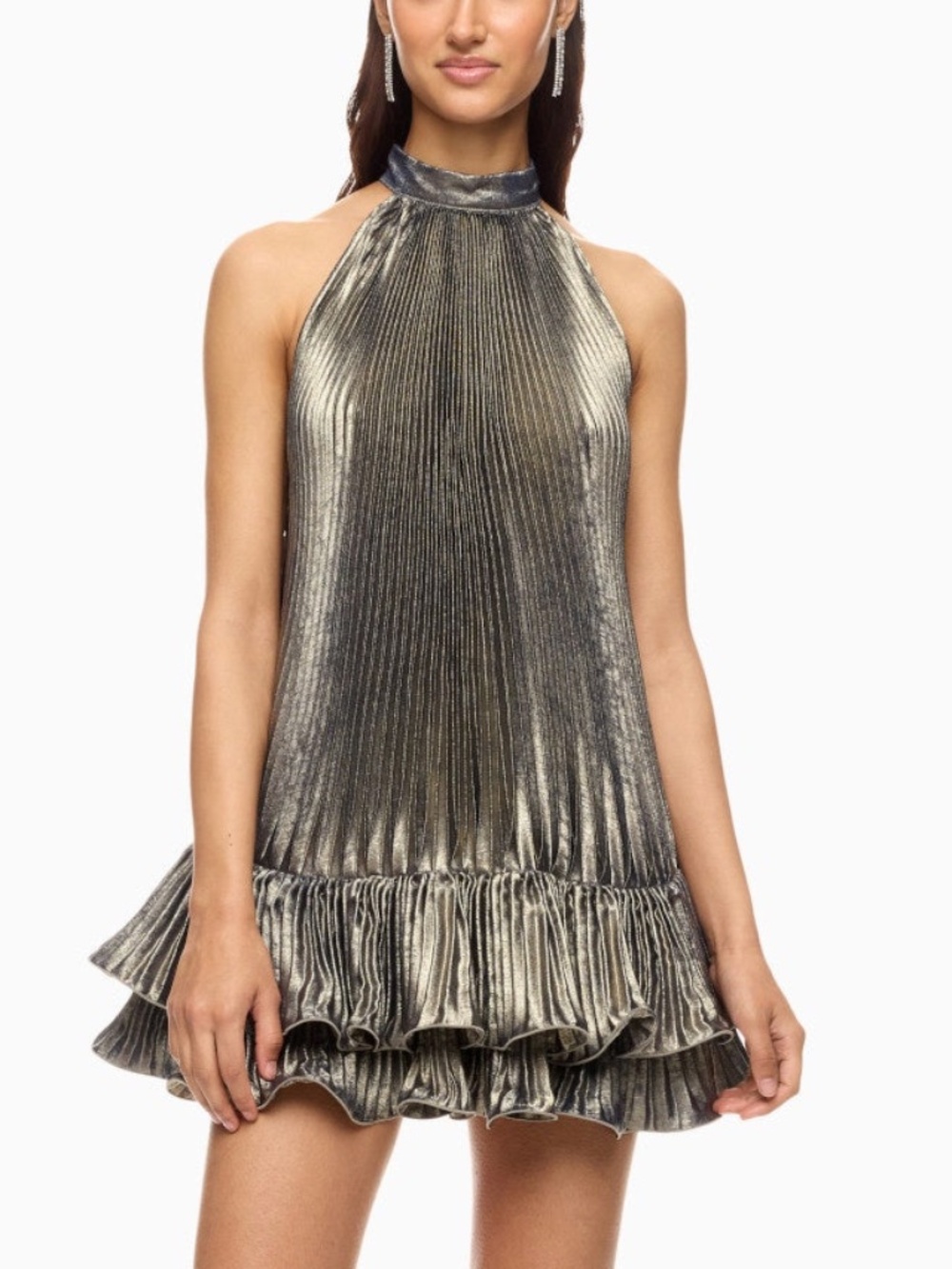 L'IDEE Soleil Mini Dress Black Gold Halter Ruffle Flounce Metallic - US Size 6